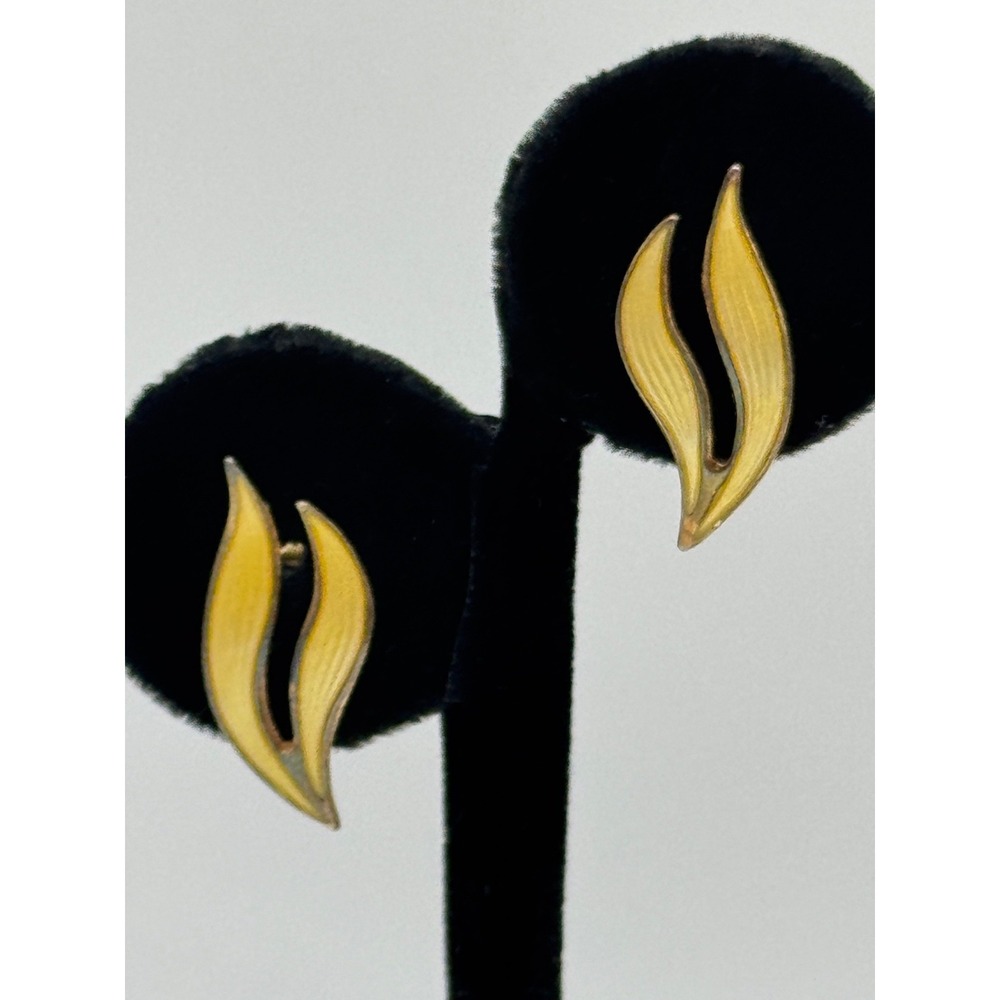 Vintage Aksel Holmsen Norway Sterling Silver Enamel Leaf Clip On Earrings